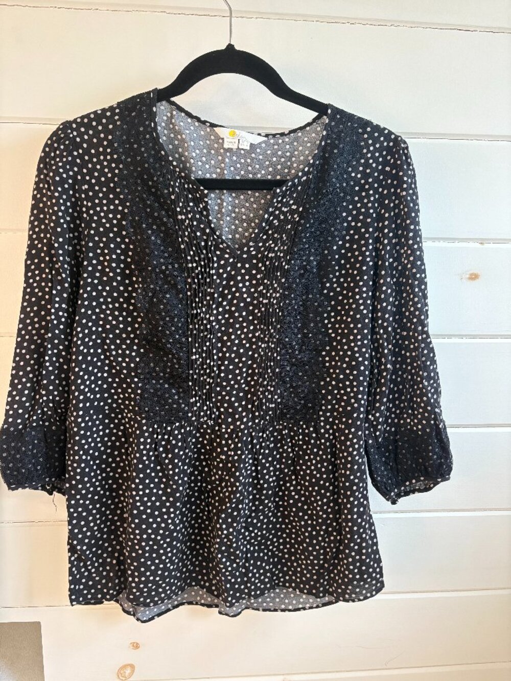 Boden Black Polka Dot Blouse US 4 Lace Detail Peplum Top